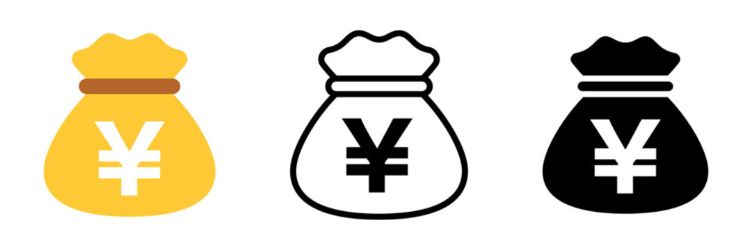 円マーク入りお金袋アイコンセット（円・カラー／線画／黒） Yen Money Bag Icon Set &ndash; Color, Outline, Solid