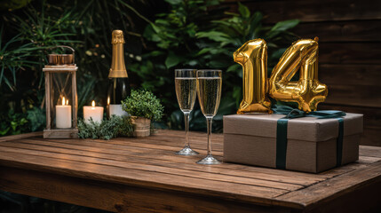 Romantic fourteenth anniversary celebration background with sparkling wine, gift, and candlelight for special outdoor evening event