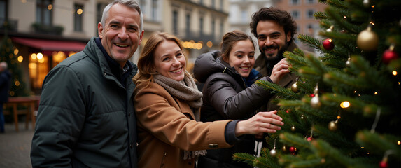 Family decorating Christmas tree together in festive outdoor market