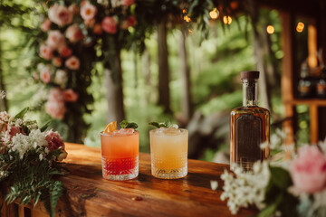 Photo of three different cocktails on the bar counter with a tequila bottle and a flower arch in the background, cocktail glasses.