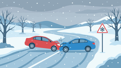 Head-on car crash on icy winter road with falling snow