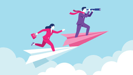 Business vision and future exploration with executives on paper airplanes