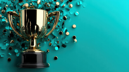 Golden trophy cup celebrating victory and achievement. winner award concept with confetti on vibrant blue background representing success