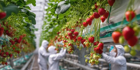 A high-tech strawberry farm in Japan, where robotic arms harvest strawberries from vertical growing walls filled with green plants and fresh fruits.
