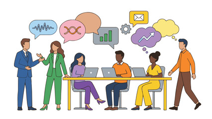 Business team collaboration with diverse ideas and data analysis icons