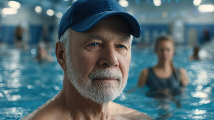Calm senior man portrait, active lifestyle in retirement. Serene man relaxing in blue water at an indoor public swimming pool, feeling content