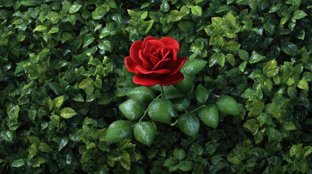 Single red rose flower symbol of love and romance blooming in lush green leaf background. beautiful passionate and elegant nature - Powered by Adobe