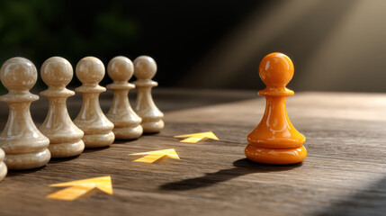 Determined orange pawn shows leadership and career direction. concept of success, choice, and promotion from pool of white pawn candidates
