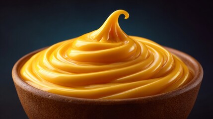 A close-up shot of a swirl of mustard in a wooden bowl