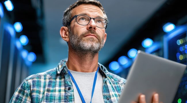 Man With Tablet Inspecting Data Center Servers Wearing Glasses And Plaid Shirt Looking Upward In Server Room For Maintenance - Powered by Adobe
