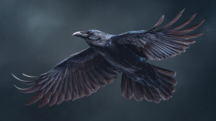 Obraz premium A raven soars gracefully through the air, wings spread wide against a dark sky. The bird's sleek, dark feathers are visible as it flies