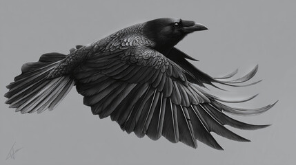 Obraz premium A raven in flight with its wings spread against a monochromatic background. The bird's feathers are detailed, creating a stunning visual