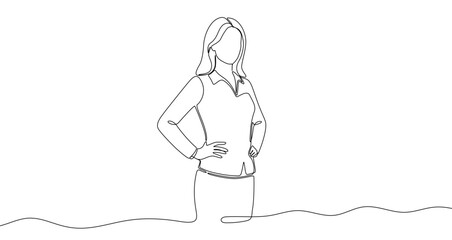 Business woman or leader with hands on hips in one line art style. Woman drawing with editable black stroke on white background. Vector illustration.