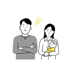 若い夫婦が悩みや不安を抱えて考え込むシーンのシンプルなイラスト