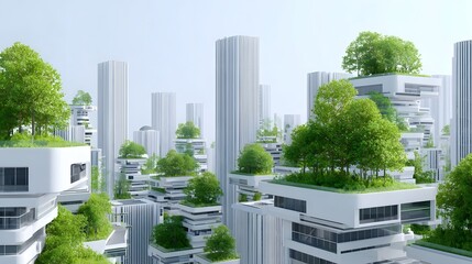 A vision of a sustainable future city showcasing innovative architecture adorned with abundant rooftop gardens and trees creating an urban environment in harmony with nature
