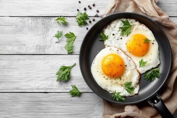 Fried eggs in a pan on a wooden background, top view.