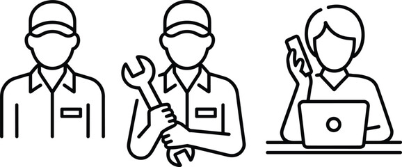 Line Art Icons of a Mechanic with Wrench and a Person Using Laptop and Phone worker repairman