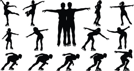 Figure skating and speed skating silhouettes collection, dynamic athlete poses, ice sports illustration, winter activity vector artwork for design projects