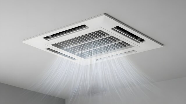 Modern ceiling mounted air conditioning unit with vents and grid
