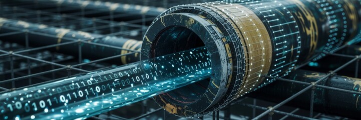 Rusty industrial pipeline with flowing blue digital binary code stream
