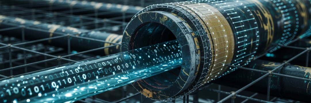 Rusty industrial pipeline with flowing blue digital binary code stream
- Powered by Adobe