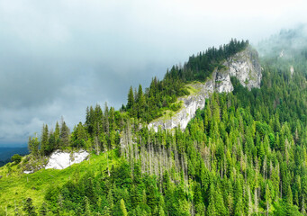 Aerial view of mountain hills covered with dense green woods and rocks at summer day.