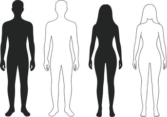 Silhouettes and outlines of male and female human figures in black and white on white Keywords: male, female, man, woman