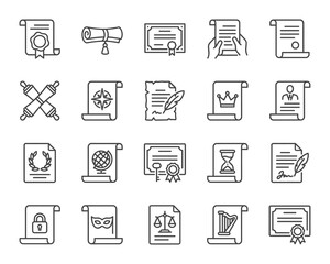 Set of 20 line vector icons: scrolls, certificates, diplomas, and vintage documents with seals, ribbons, and quills. Clean outline design isolated on white background.