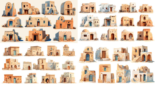 Set of desert and adobe style houses with arches and earthy tones, detailed architectural illustrations inspired by Middle Eastern and Mediterranean designs, isolated on white background.
