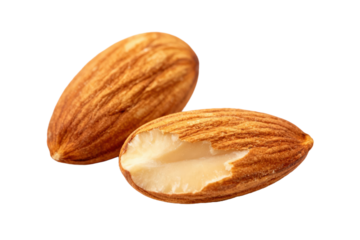 Two almonds with one being split open showing the inner part