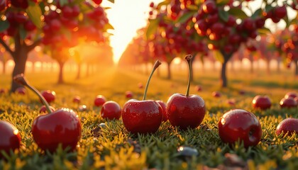 Ripe Cherries Abound in a Sun-Drenched Orchard, Perfect for Seasonal Celebrations and Healthy Living Presentations