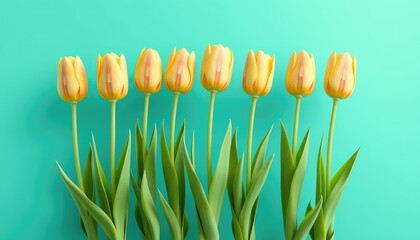 Vibrant yellow tulips arranged in a row, perfect for spring celebrations, greetings, and joyous occasions