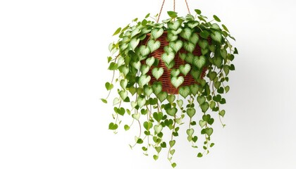 Cascading heart-shaped leaves of a lush green hanging plant in a woven basket, perfect for home decor, events, or natural beauty presentations