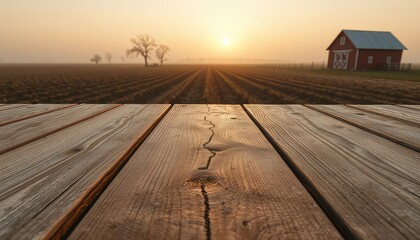 Wooden platform overlooking a picturesque farmland at sunrise, perfect for rural themes and nature presentations.