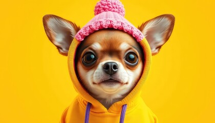 Charming Chihuahua in a Cozy Pink Hat and Yellow Hoodie Ready for Any Occasion