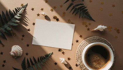Cozy Moments: A serene composition with coffee, seashells, fern leaves, and a blank card bathed in sunlight, perfect for conveying warmth and relaxation.