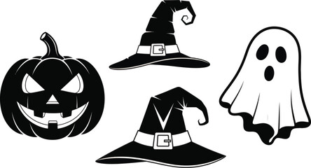 Halloween Pumpkin Ghost Witch Hat Vector Icons