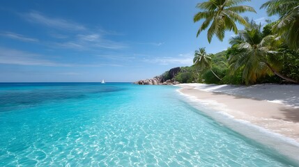 A breathtaking tropical paradise showcasing a pristine white sand beach meeting vibrant crystal clear turquoise waters framed by lush palm trees and a distant sailboat under a vivid blue sky