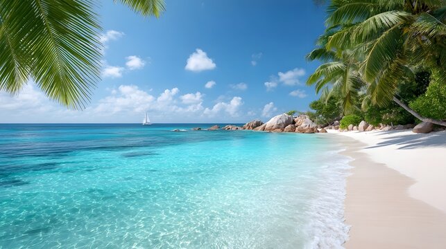 Pristine tropical beach with crystal clear turquoise waters soft white sand palm trees and a sailboat on a sunny day showcasing an idyllic paradise scene - Powered by Adobe