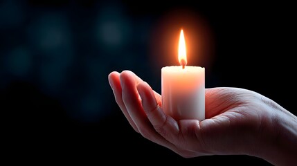 Close up of a hand cupping a burning white candle its soft flame illuminating the surrounding darkness symbolizing hope peace and remembrance