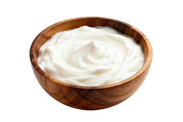 Plain white yogurt in a wooden bowl for healthy eating