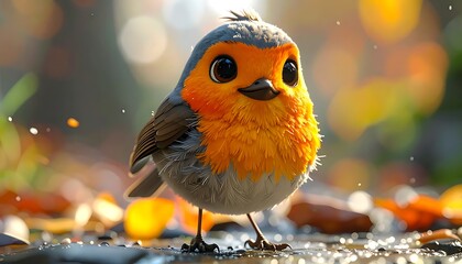 Adorable fluffy robin with vibrant orange plumage stands on the ground amidst blurred autumn foliage