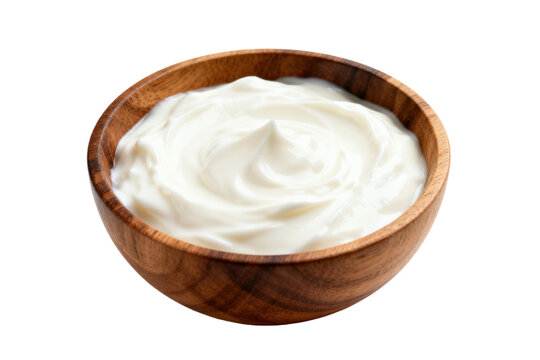 Plain white yogurt in a wooden bowl for healthy eating