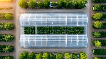 Overhead perspective of a high tech agricultural farm featuring multiple large greenhouses and orderly green crop rows emphasizing modern cultivation and rural growth under warm light