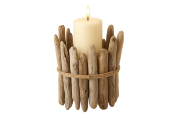 Driftwood candle holder burning flame transparent background