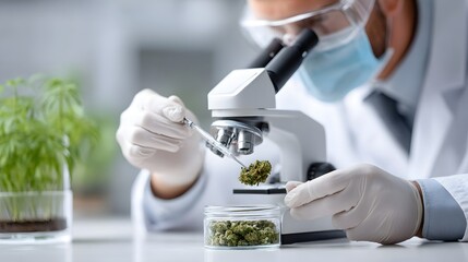 Detailed scientific analysis of cannabis plant material under a microscope by a researcher in a laboratory focusing on research and medicinal properties