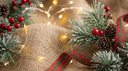 Christmas background with fir branches, red berries and bokeh lights
