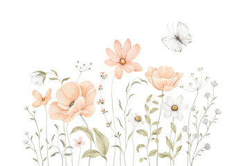 Floral card with delicate wildflowers, green plants and white flying butterfly, watercolor isolated illustration for card, border, poster or wallpapers. Hand drawn for your design.