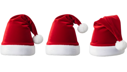 Three red christmas santa hats with white trim and pom poms isolated on transparent background for holiday decoration and festive fun