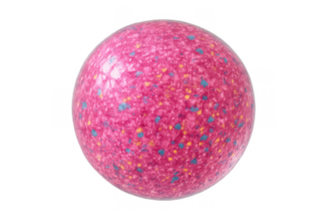 Pink speckled candy ball with blue and yellow splashes, round sweet treat, transparent background